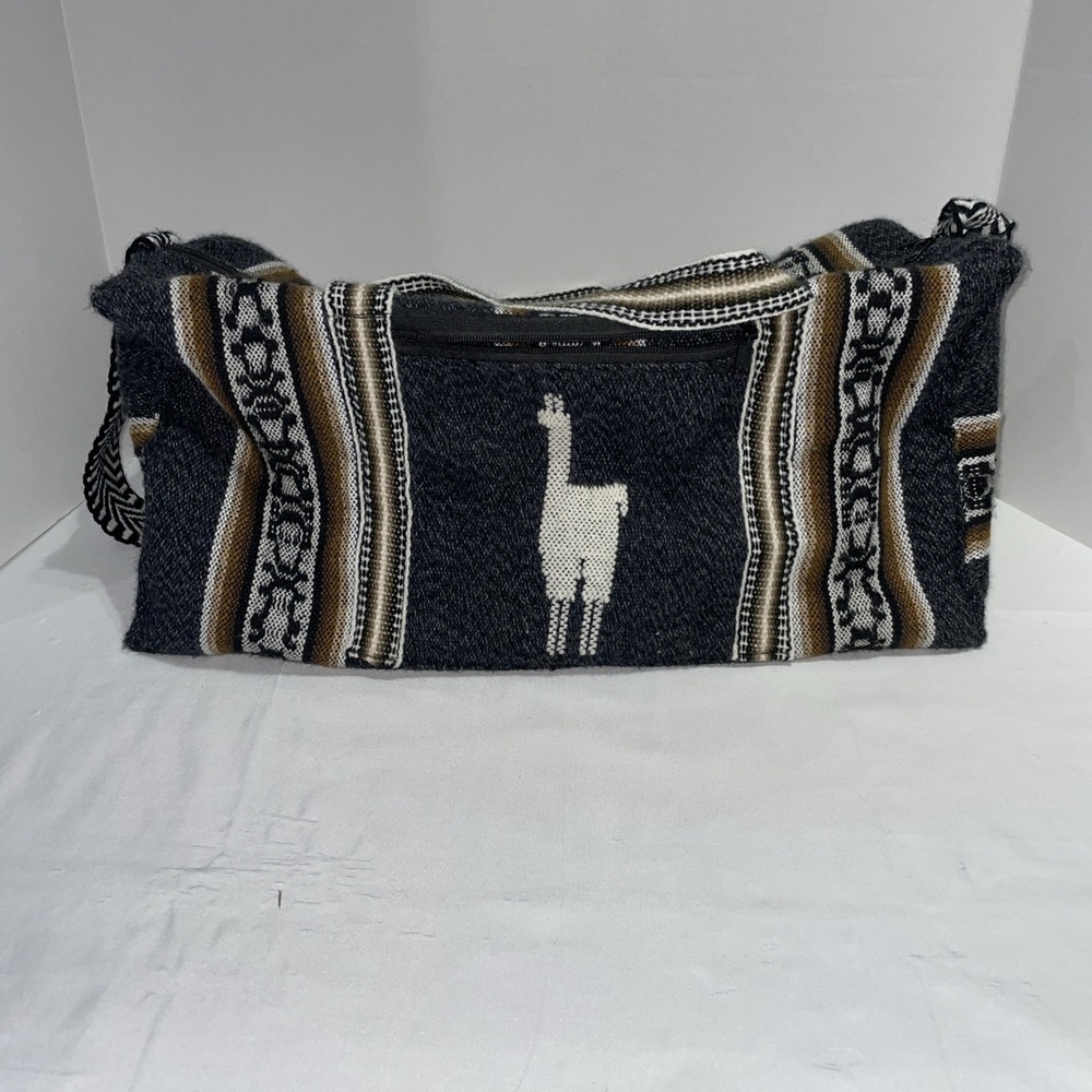 Woven Llama Duffel Bag Peruvian Wool Blend Travel Weekend Bag Gray Brown Stripe‎